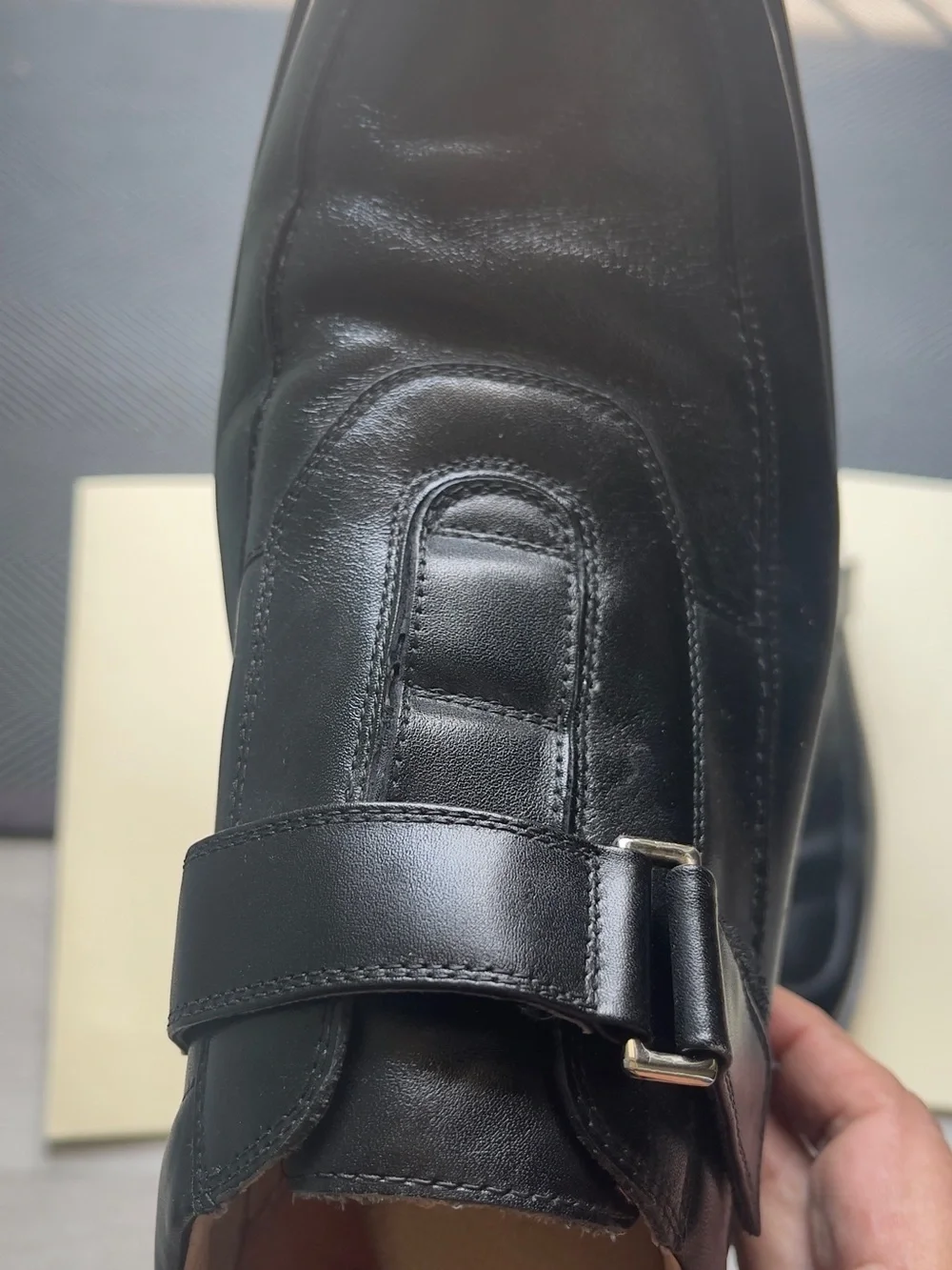 Men's Black Leather Slip-On Loafers with Buckle Strap